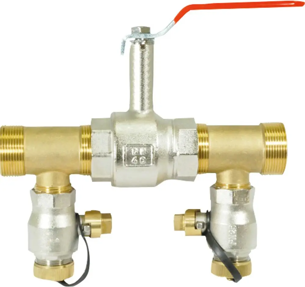 Zubehörteil mit zwei Anschlüssen und einem Ventil, typischerweise für Heizungs- oder Wärmepumpensysteme, wie von Bosch angeboten. Metallische Bauweise.